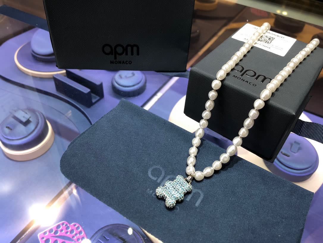 APM Monaco Pearl & Crystal Bear Pendant Necklace